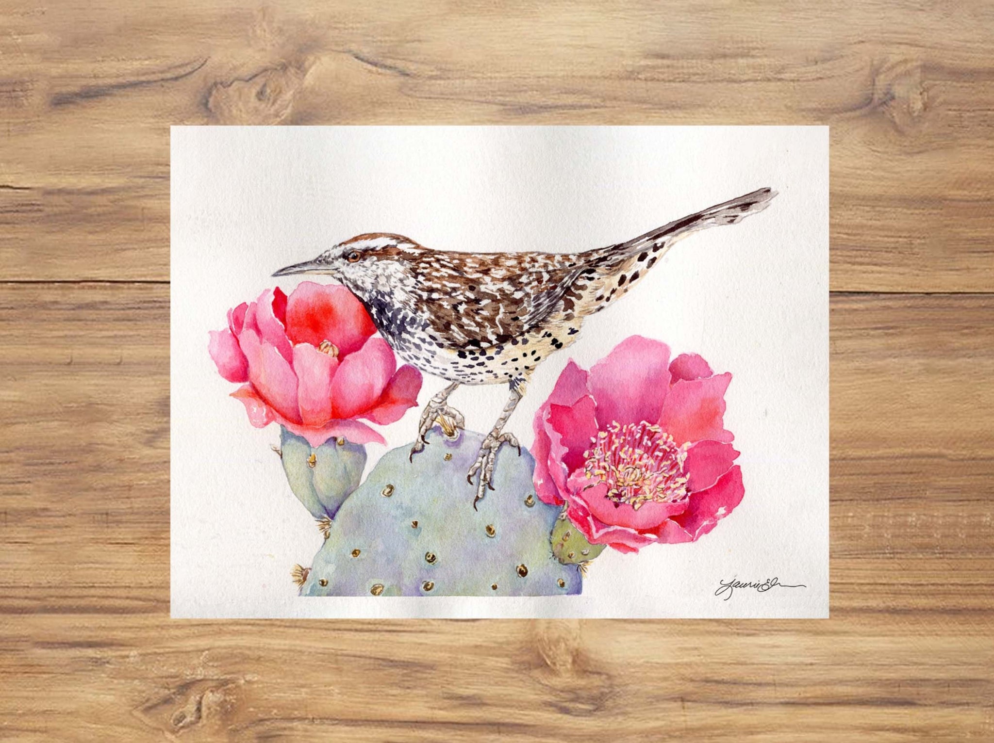 Cactus Wren with Prickly Pear Cactus painting