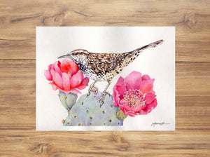 Cactus Wren with Prickly Pear Cactus painting
