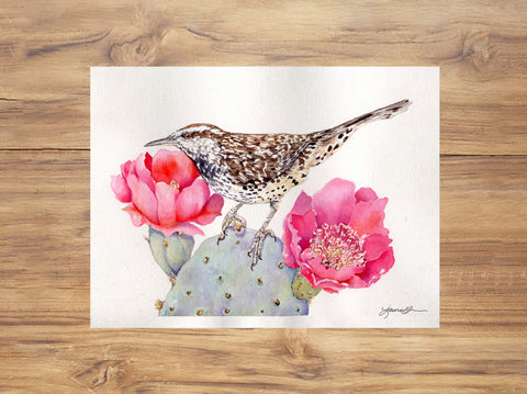 Cactus Wren with Prickly Pear Cactus painting