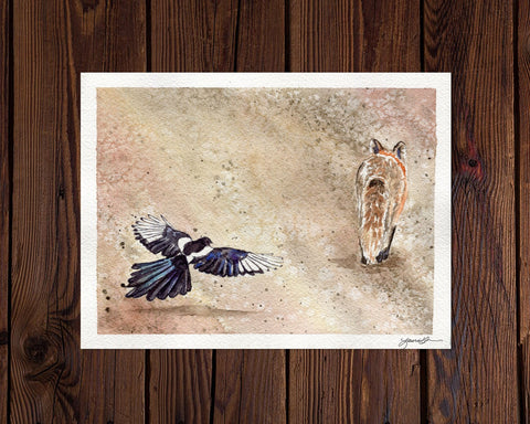A painting of a Magpie and a Fox