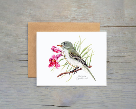 Willow Flycatcher Bird with desert willow blooms behind it, notecard on gray wooden surface